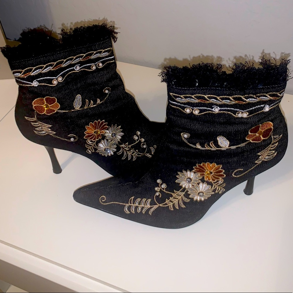 Black Denim stitched fringe top boots size 8